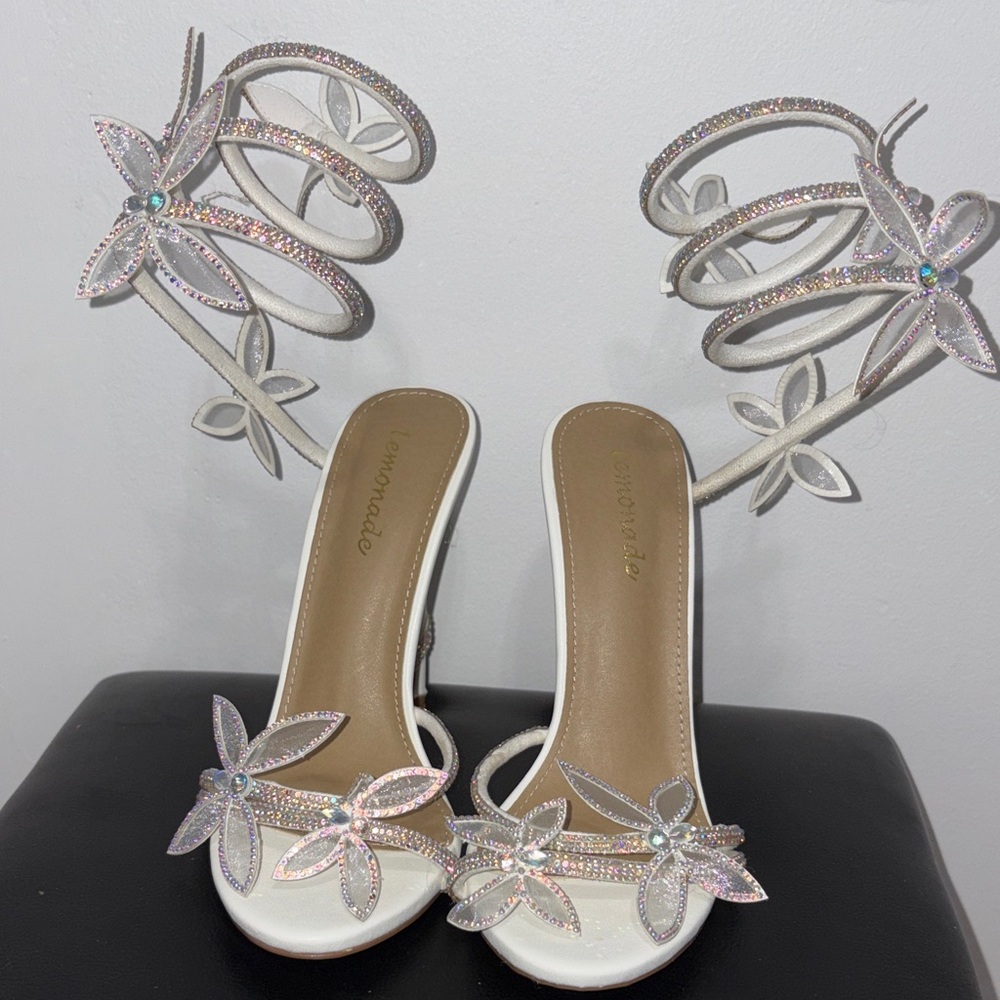 Women's White and Silver Floral Heels